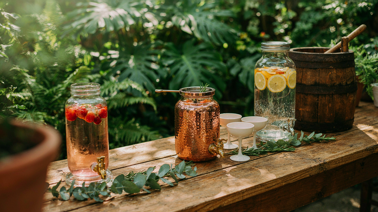 An outdoor party table with a variety of beverage dispenser ideas.