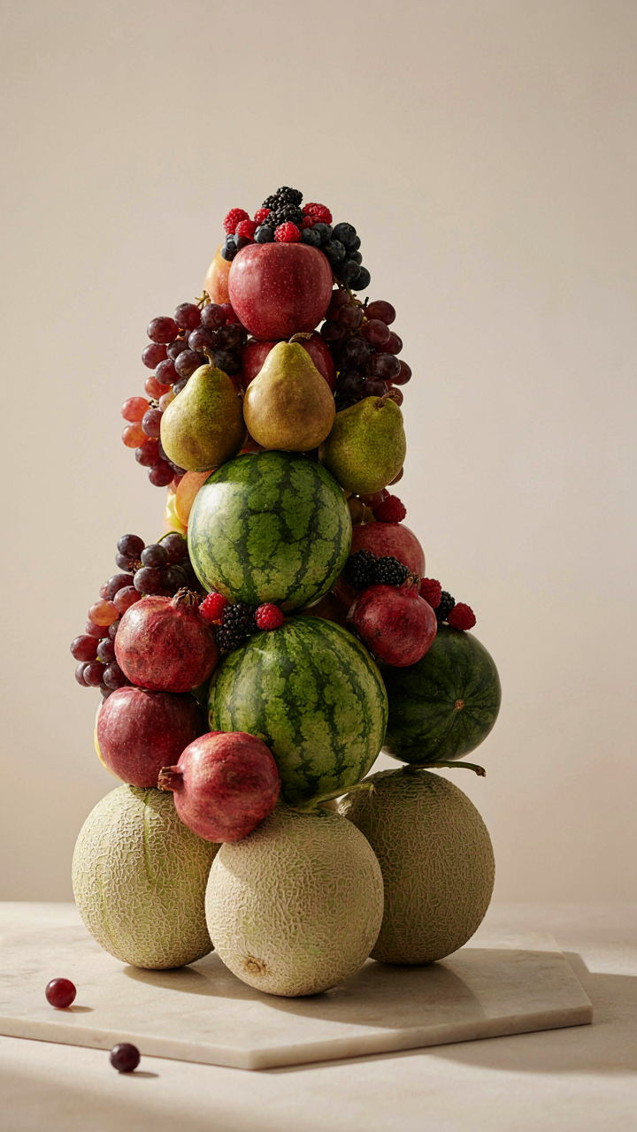 A tower of fruit shows heavy melons at the bottom and lighter fruit on top.