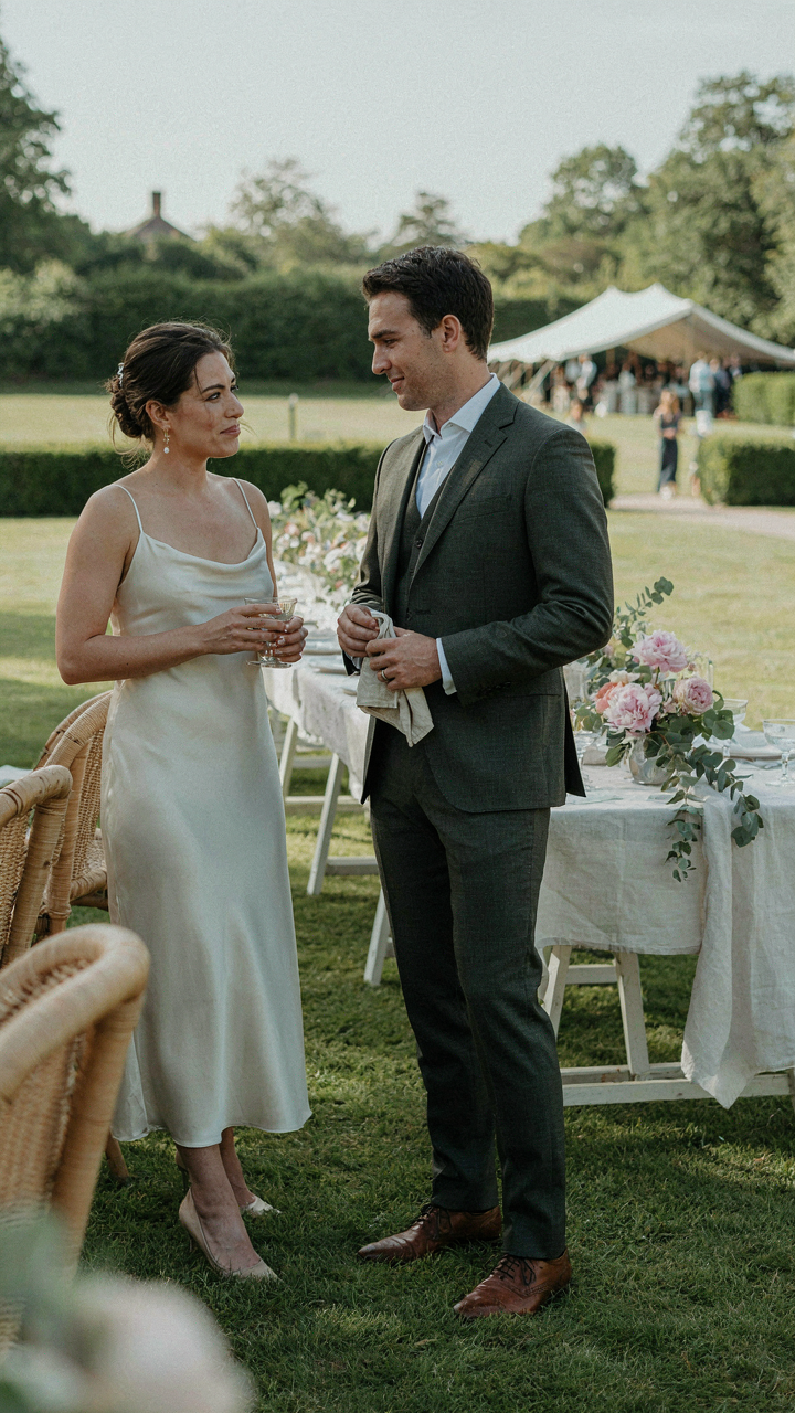 Two elegantly dressed people exchange a knowing glance at an english garden party.