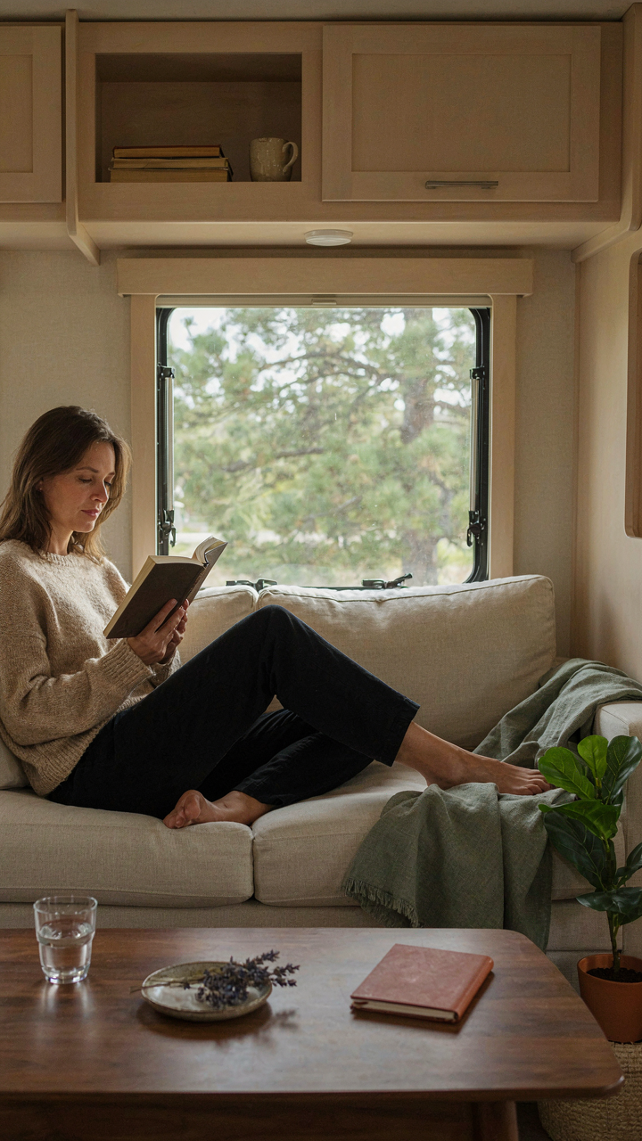 A calm person reads in a serene and organized full time RV living space.