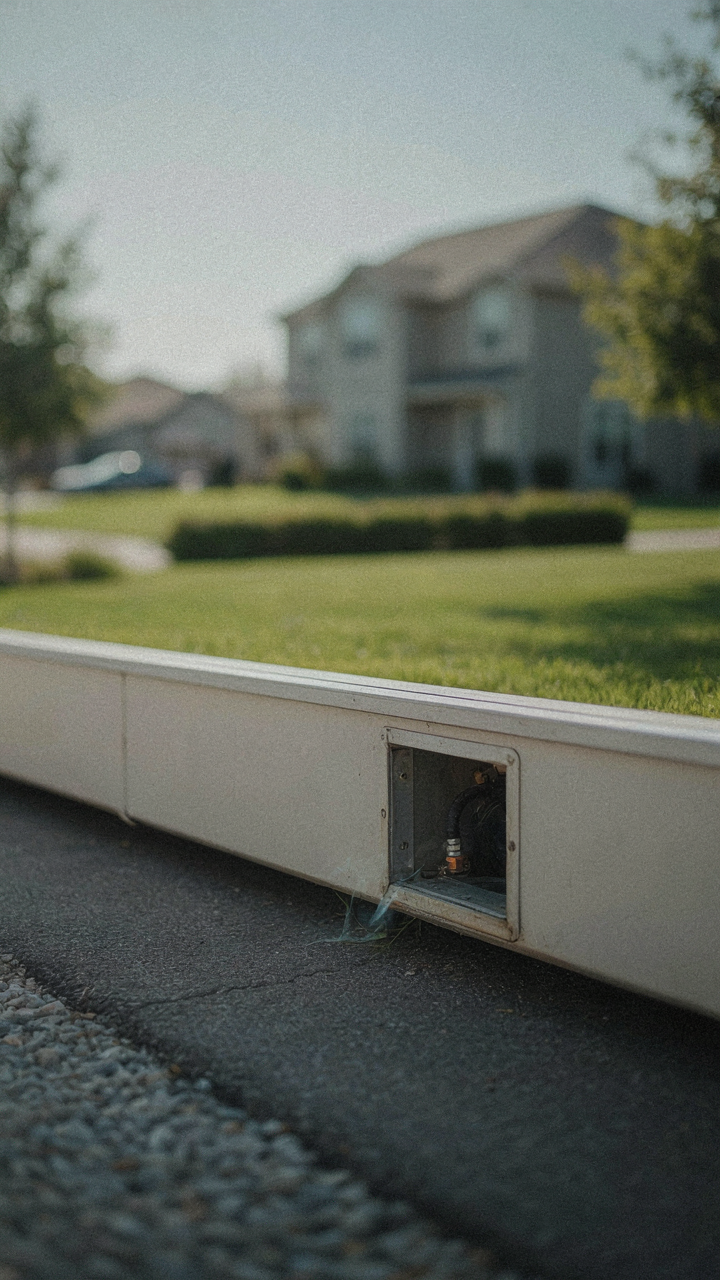 An RV skirting panel has a slightly open, uninsulated access door.