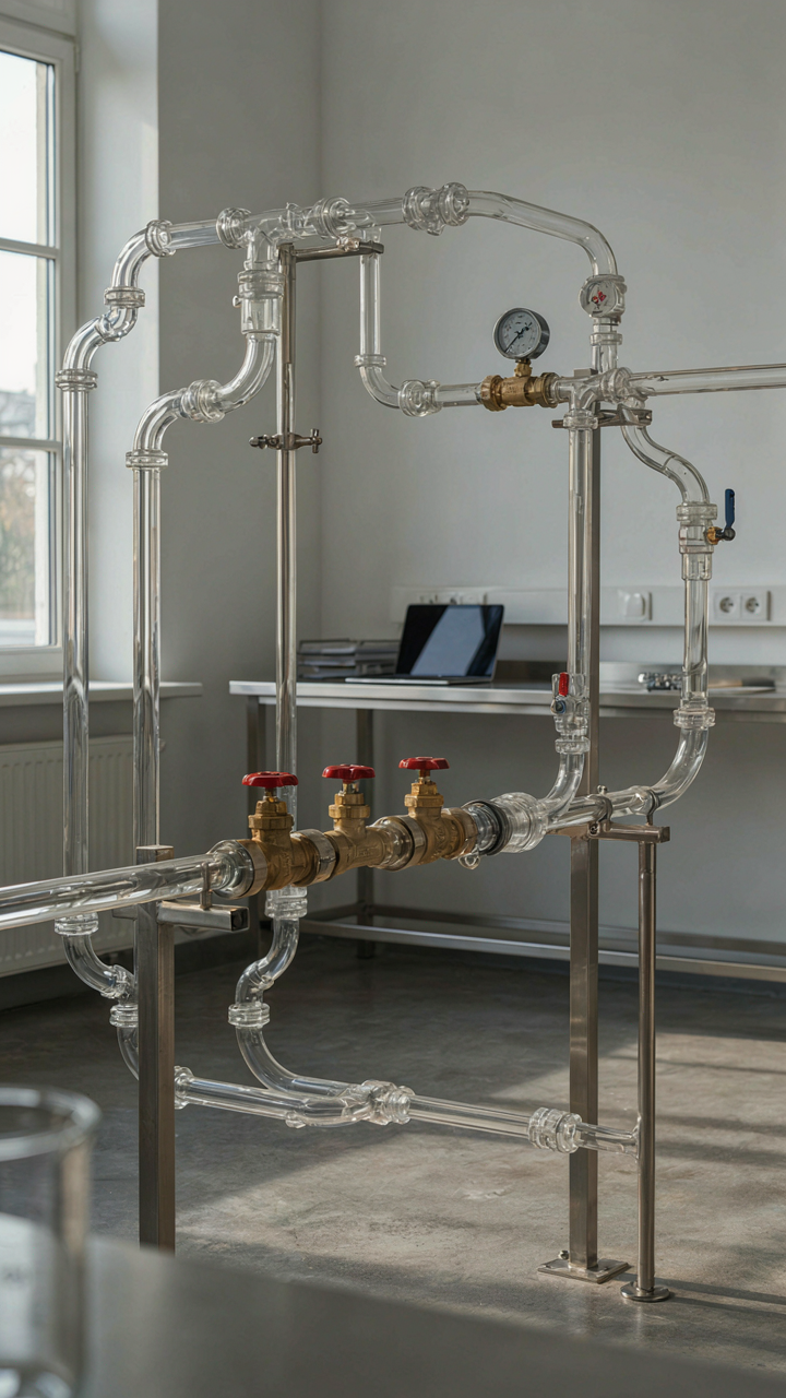 Water flows through a complex system of pipes and valves.