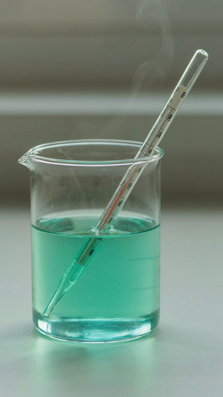 A scientific thermometer is in a beaker of glowing liquid, showing light temperature.