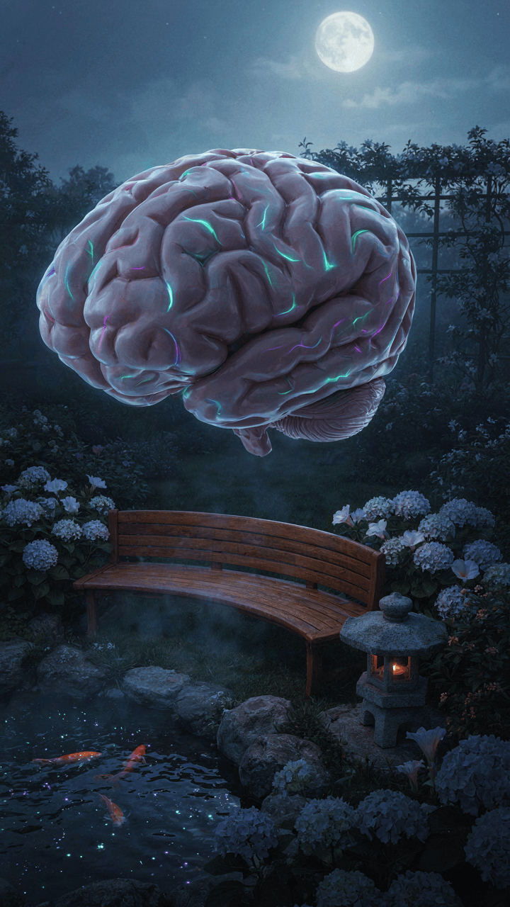 A glowing brain is seen over a softly lit moon garden with a seating area.