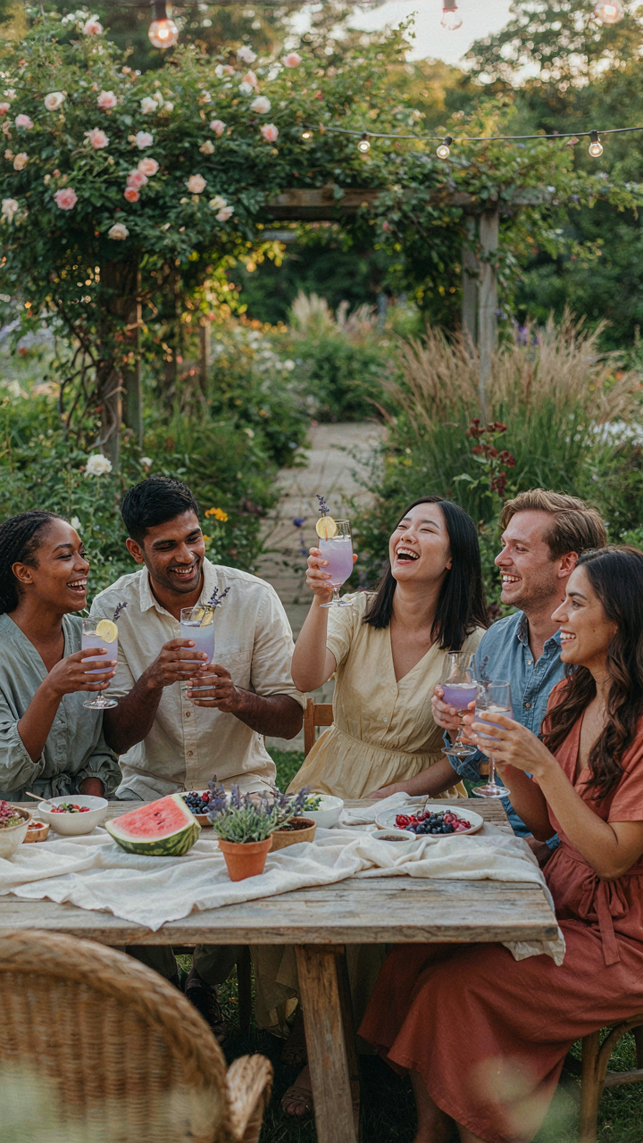 Friends happily socialize at a garden party, all with lavender lemonade mocktails.