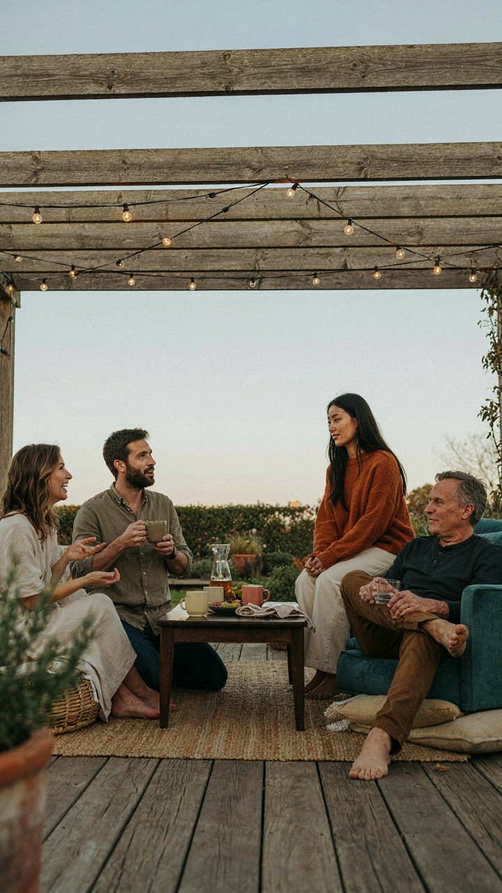 People are relaxed and engaged under warm string lights over a pergola.