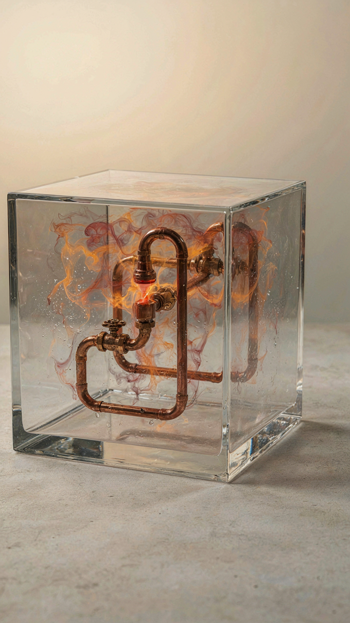 Heat currents swirl around a clear box with small pipes inside.