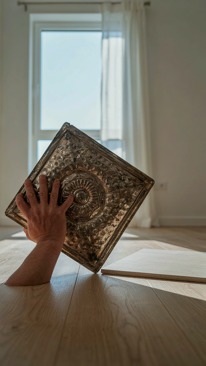 A hand lifts a heavy faux tin ceiling tile.