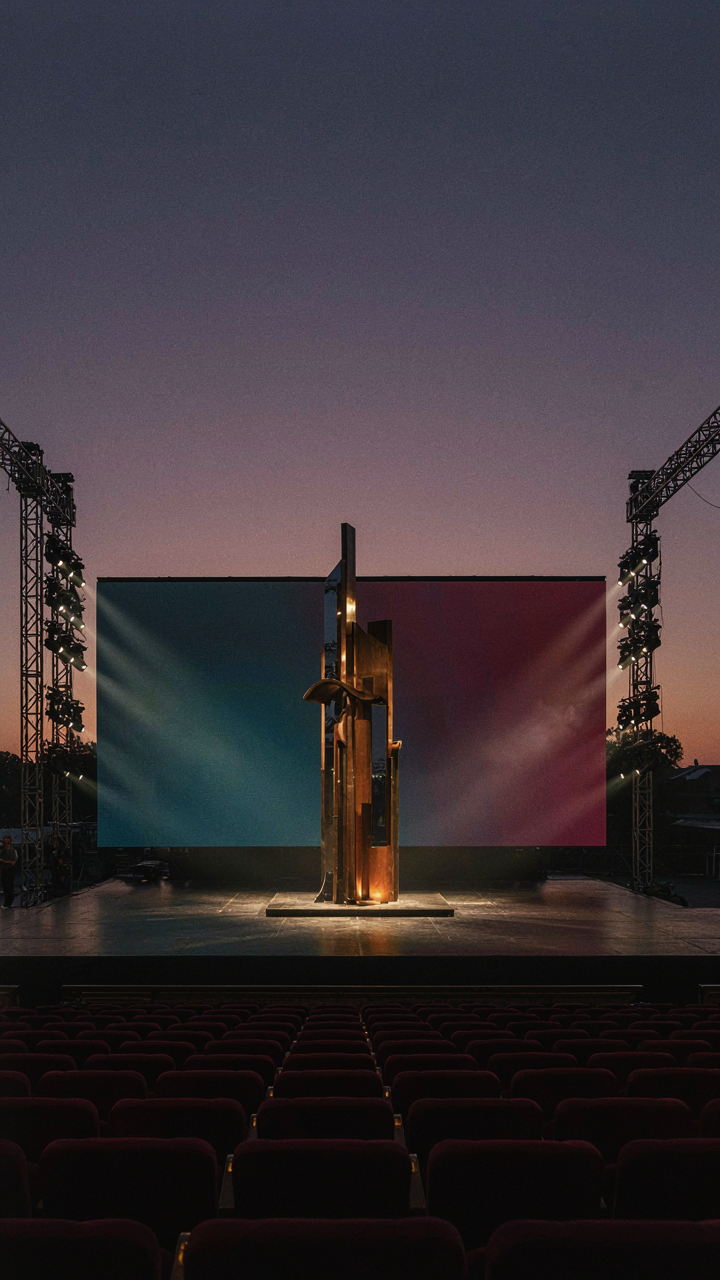 An outdoor stage at dusk, with spotlights illuminating a central decoration.