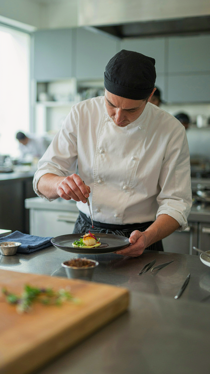 A chef carefully adds a single drop to a dish using a pipette.