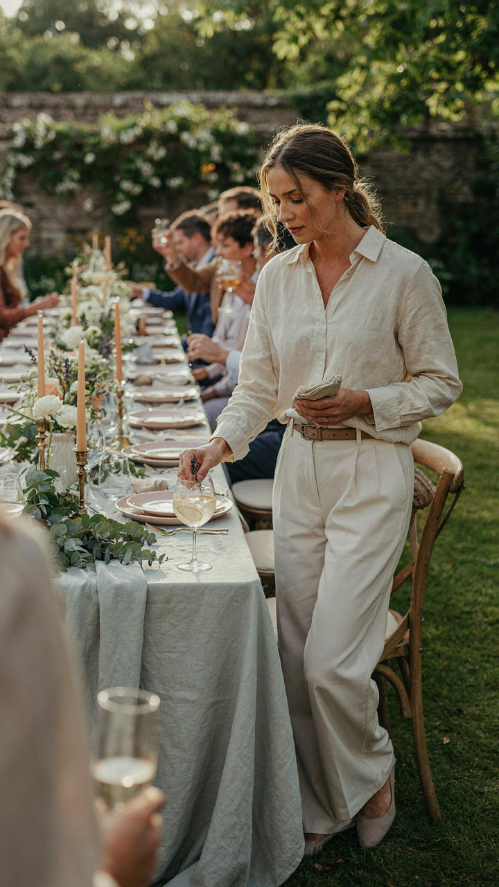 A person subtly admiring a lavender lemonade mocktail at a garden party.