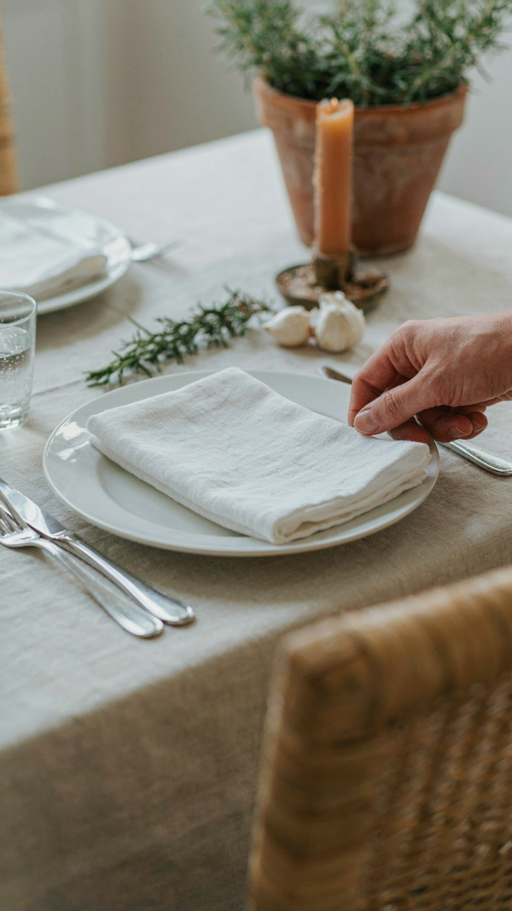 A hand easily reaches for a neatly folded napkin placed on a plate at an outdoor table.