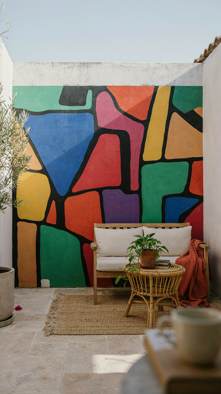 A tiny patio has a bright mural on the wall and light-colored furniture.
