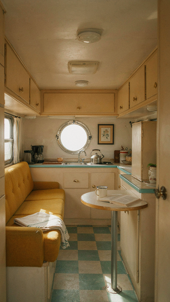 A colorful vintage camper interior with teal and yellow accents.