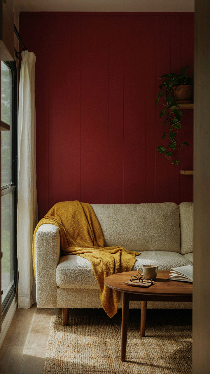 A cozy RV living space with a red wall and warm yellow blankets.