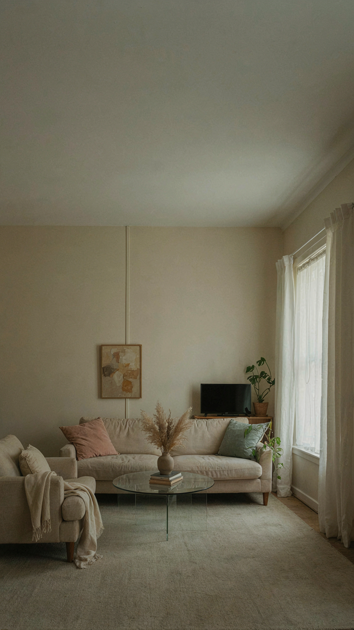 A dull, beige living room with plain furniture.