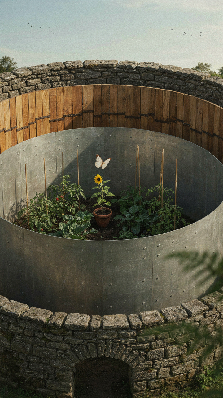 A protected garden has many layers of stone, wood, and metal walls.