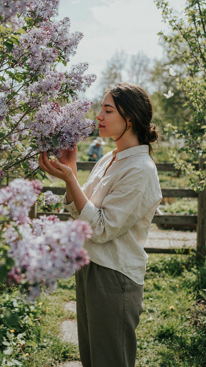 A person smells fragrant lilac flowers in a garden.