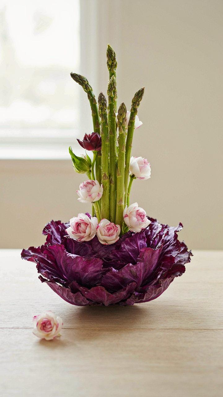 A dramatic vegetable floral arrangement centerpiece on a dining table.