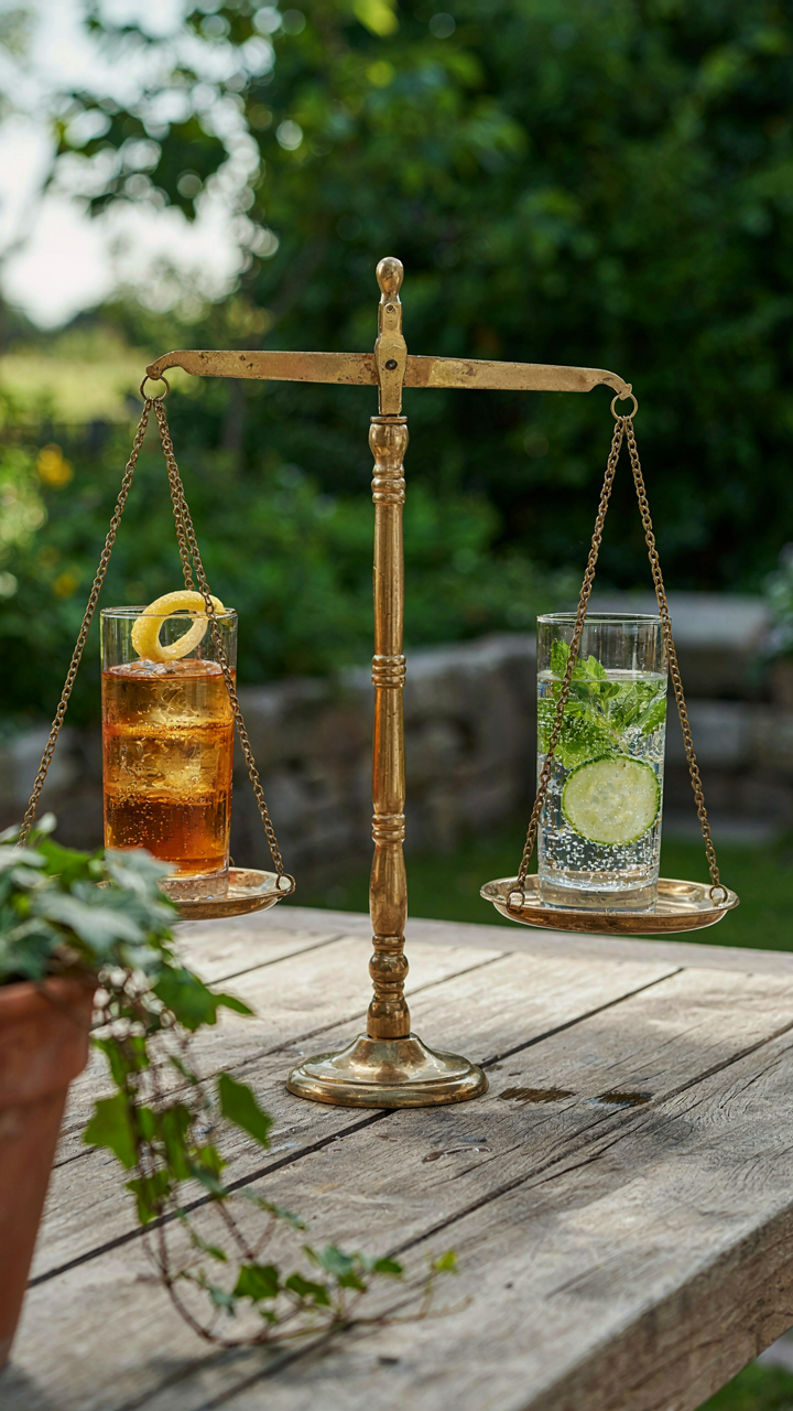 A balanced scale holds alcoholic and non-alcoholic drinks evenly.