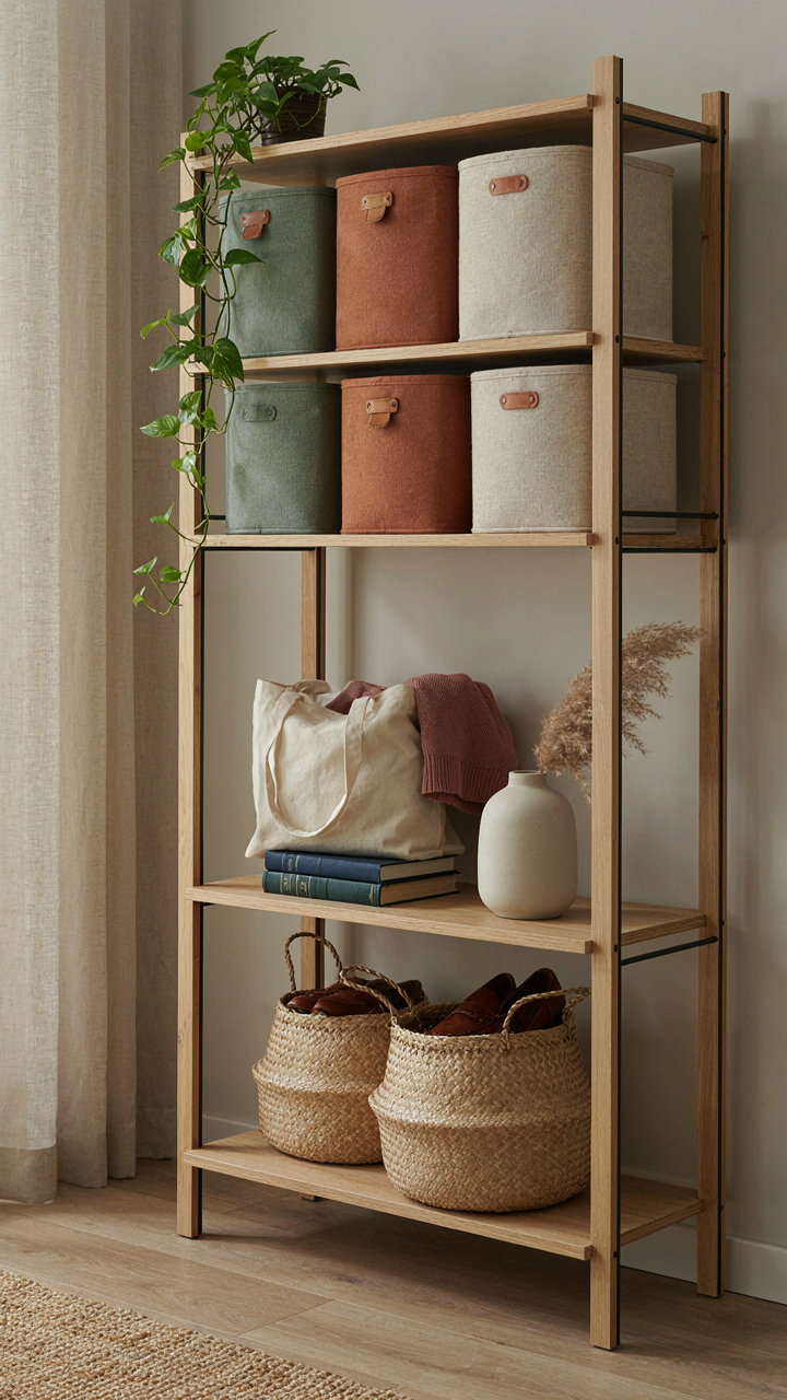 A modular shelving unit with various sized, interlocking storage bins.