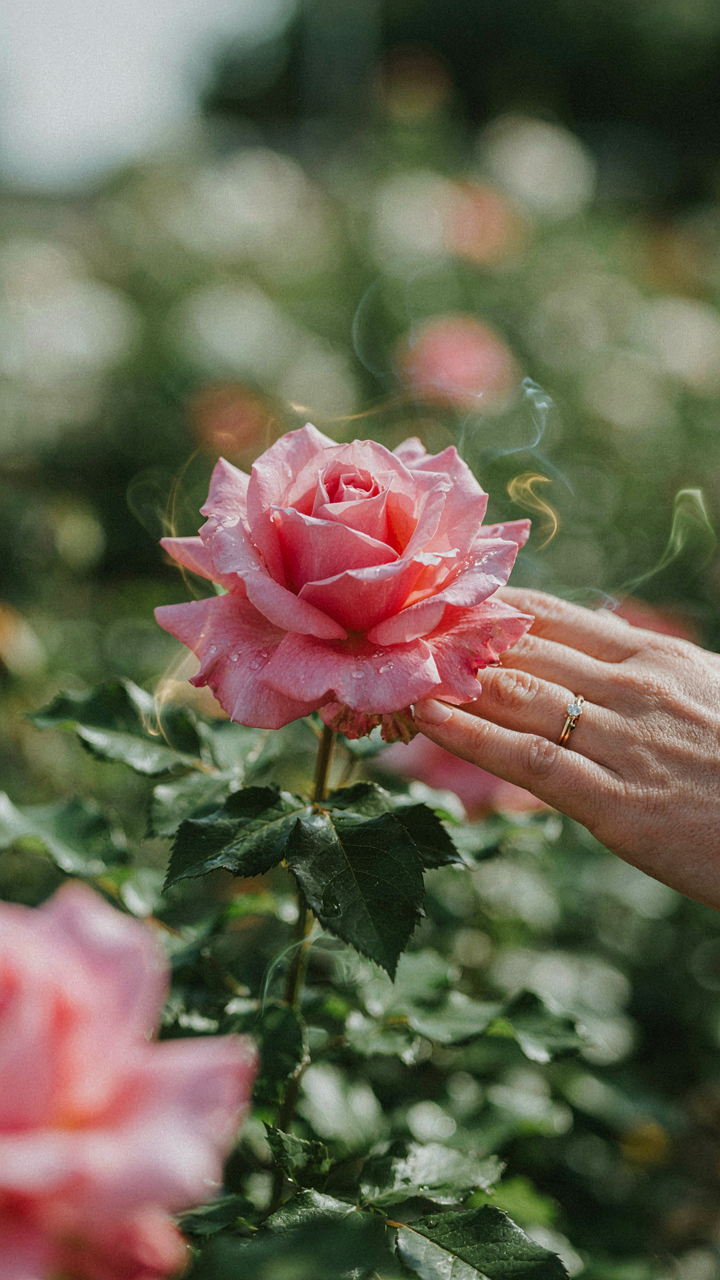 A hand touches soft pink rose petals, with subtle shimmering scent trails around the flower.