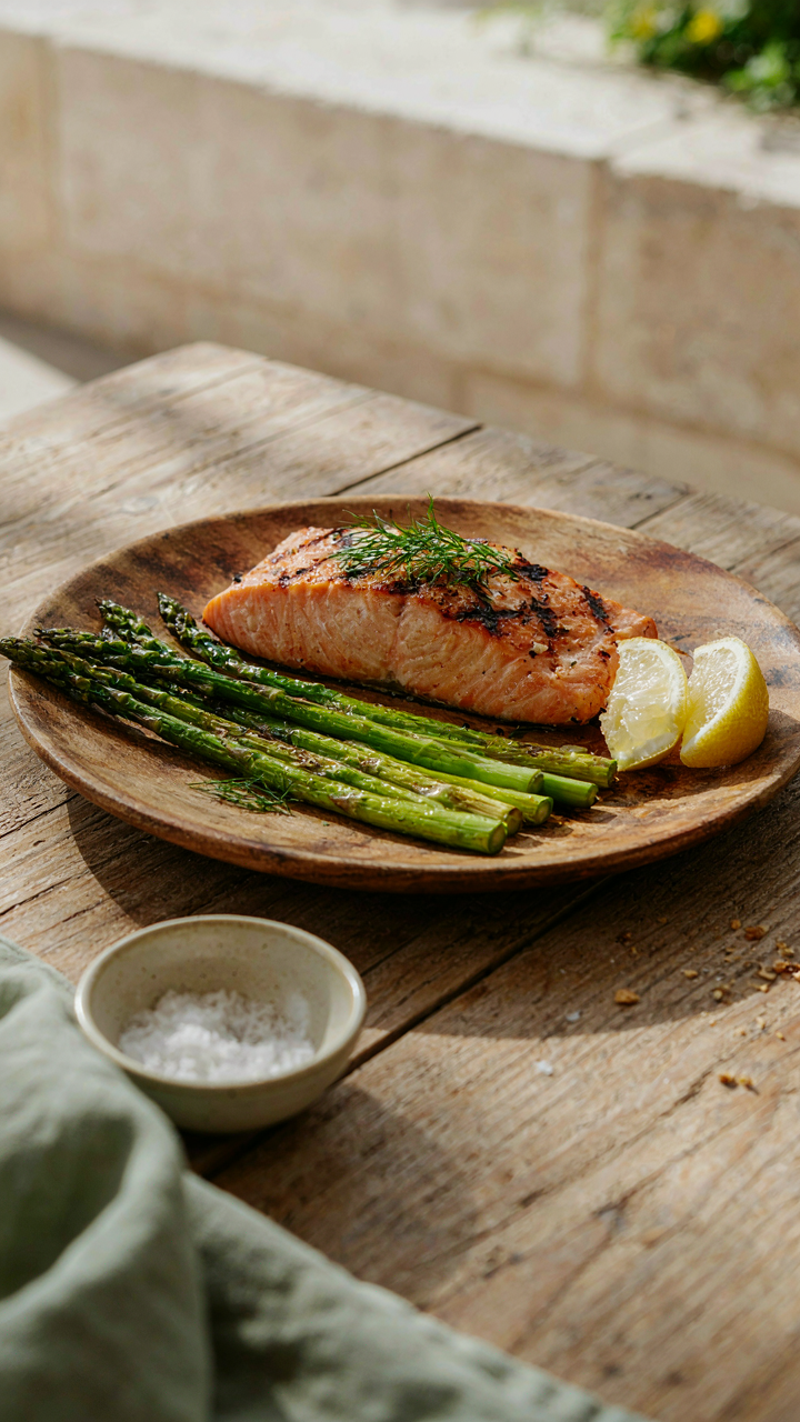 A gourmet grilled salmon fillet with asparagus and lemon wedges on a rustic platter.