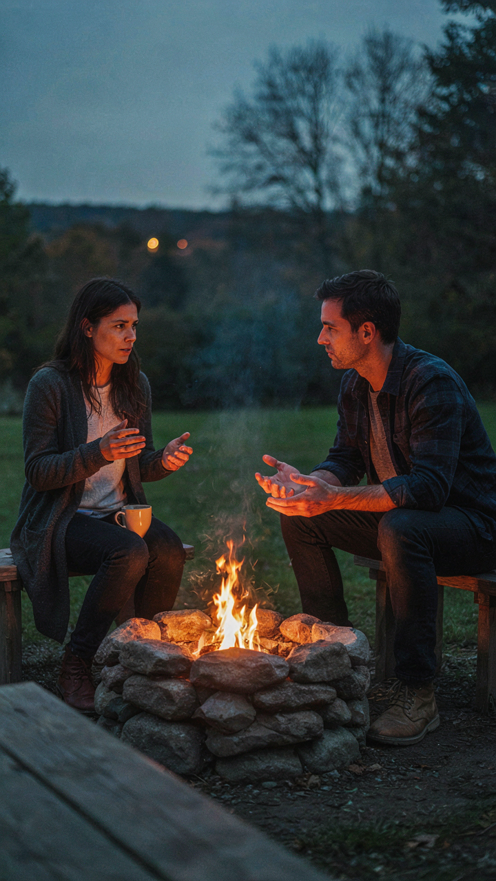 Two adults have a deep conversation by a warm fire pit.