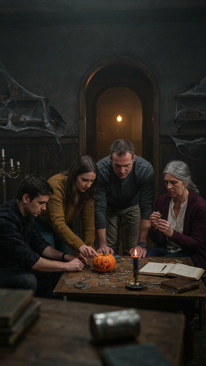 Adults intensely focused on solving a Halloween escape room puzzle together.