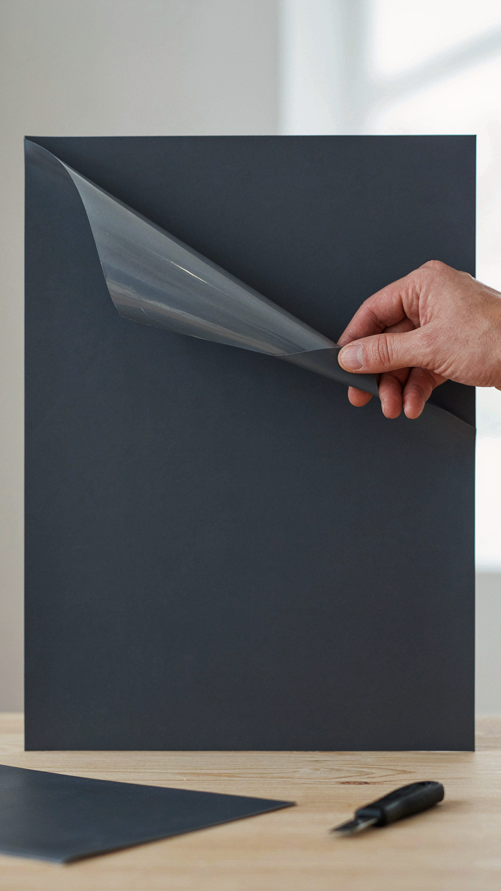 A person's hand peels the backing off a sheet of peel and stick material.