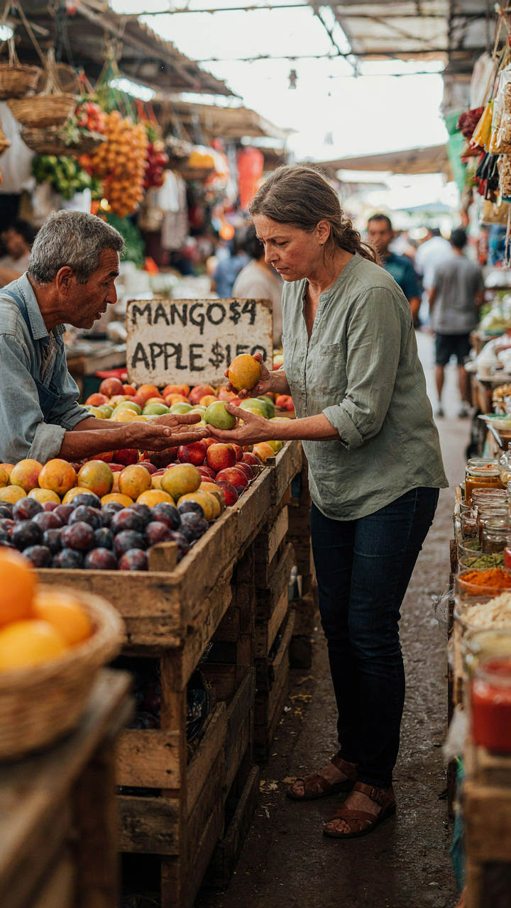 A person chooses a cheaper fruit at a busy market stall.