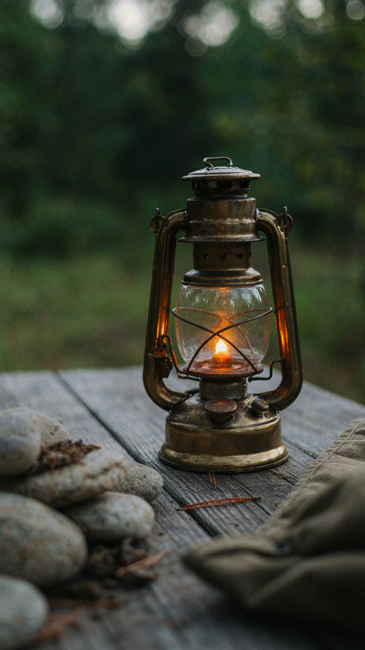A practical camping lantern illuminates a space, next to a decorative stone arrangement.