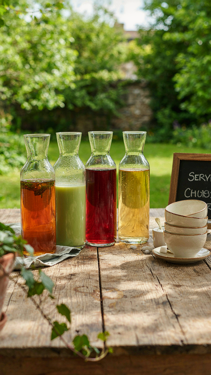 An outdoor self-service station has different teas and cups.