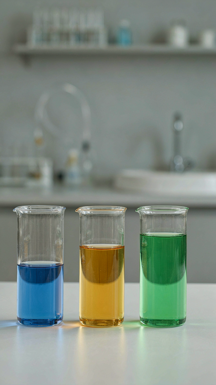 Three labeled beakers with colorful liquids, representing a precise chemical ratio.