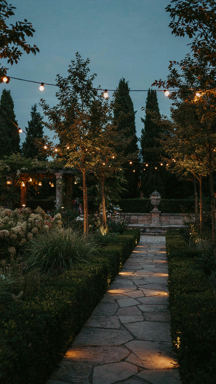 A garden party with strategic outdoor party lighting highlighting plants and paths.