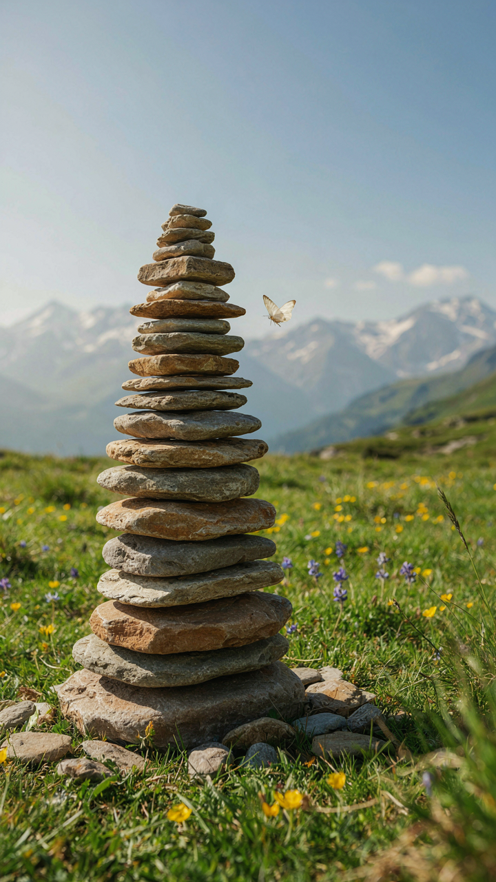 A strong pyramid of flat rocks stands tall and stable.