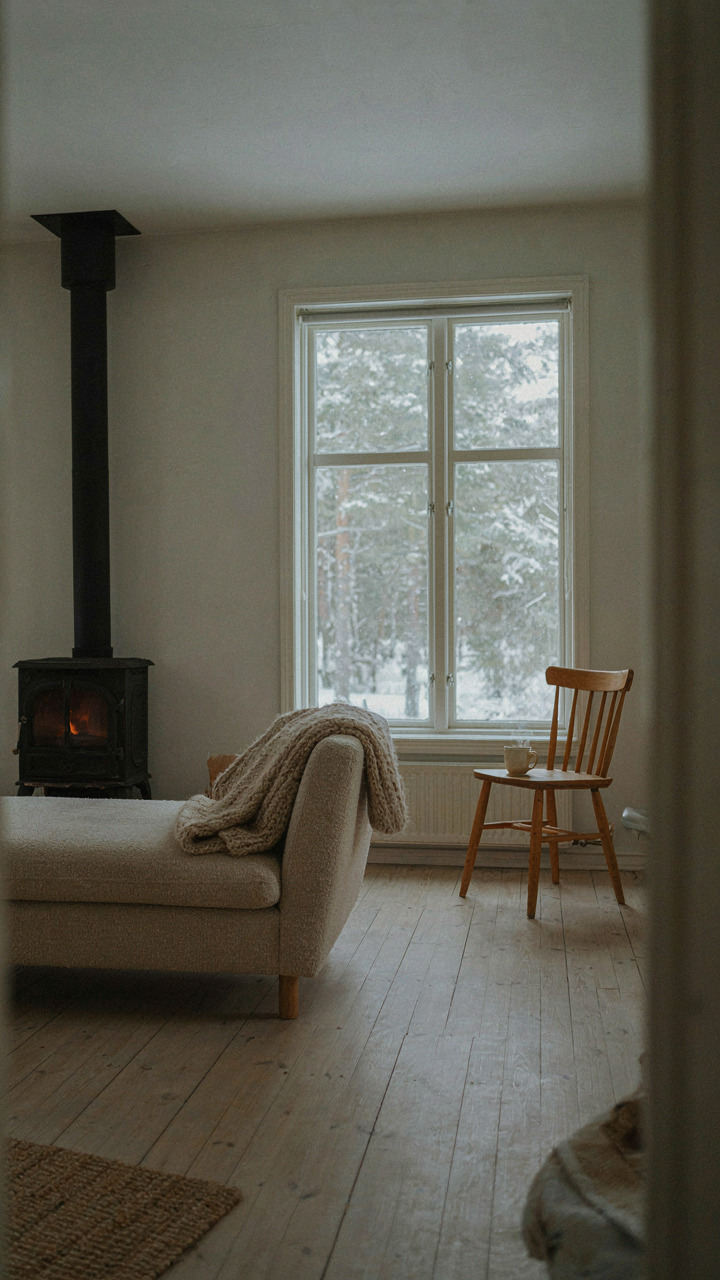 A simple Scandinavian living room with a wool blanket and snow outside.