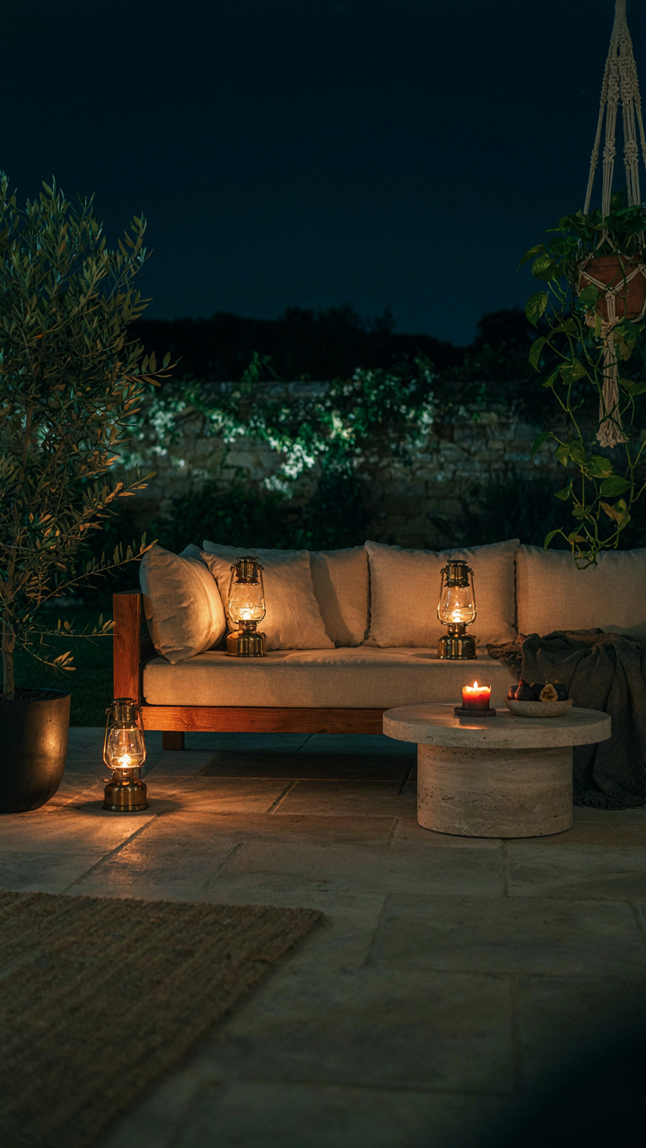 Solar lanterns cast a warm, inviting glow over a patio at night.