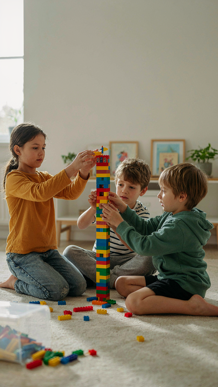 Young people focused on building with colorful plastic bricks.