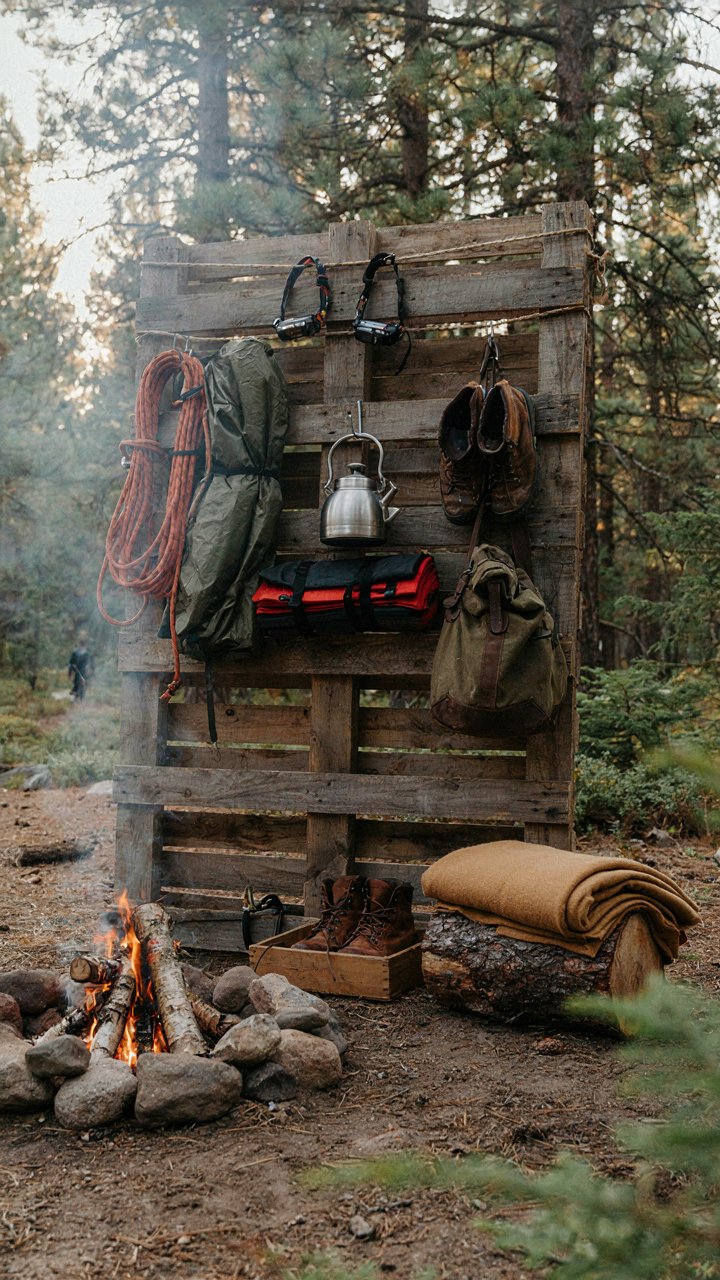 A practical campsite with an organized gear wall and accessible boot storage.