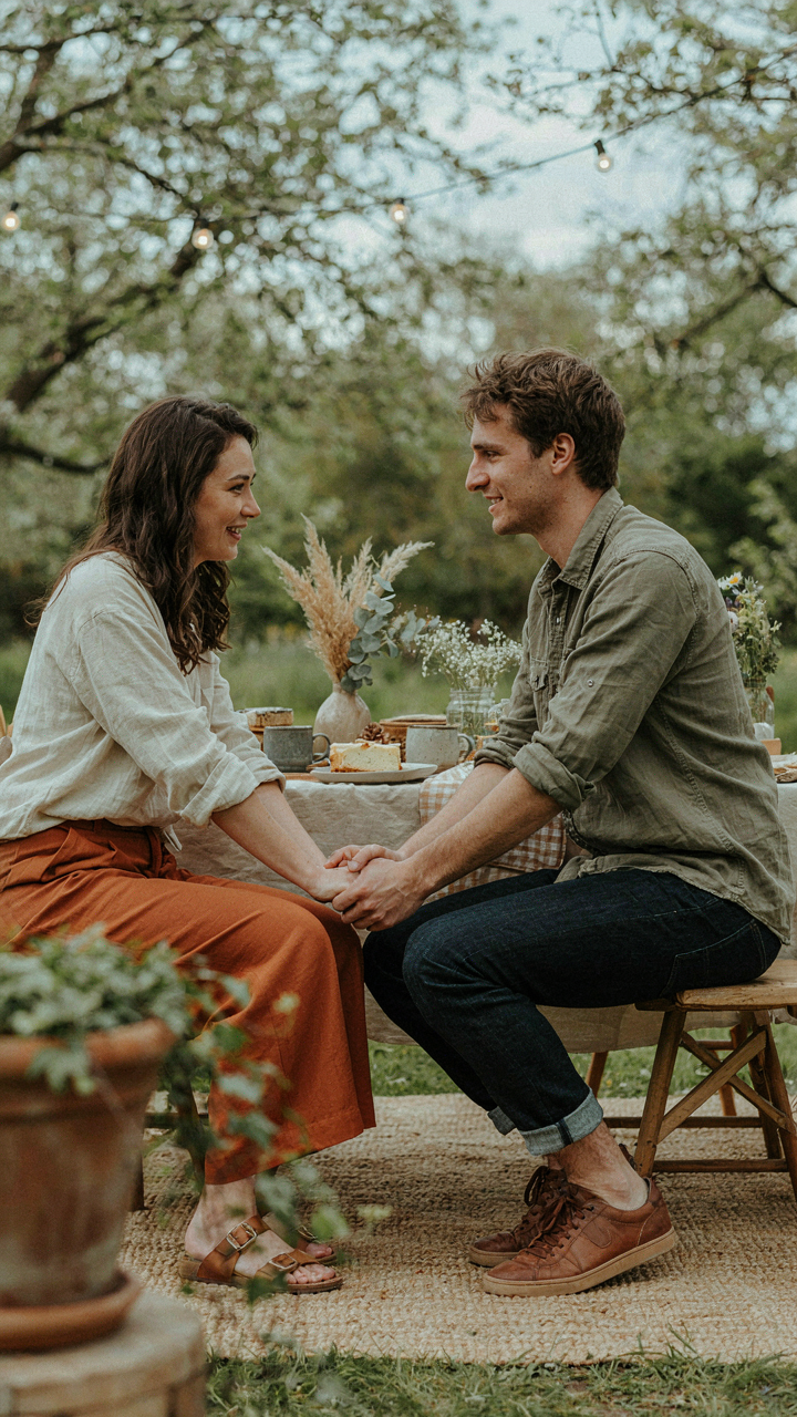 Two people hold hands and smile at a low picnic table.