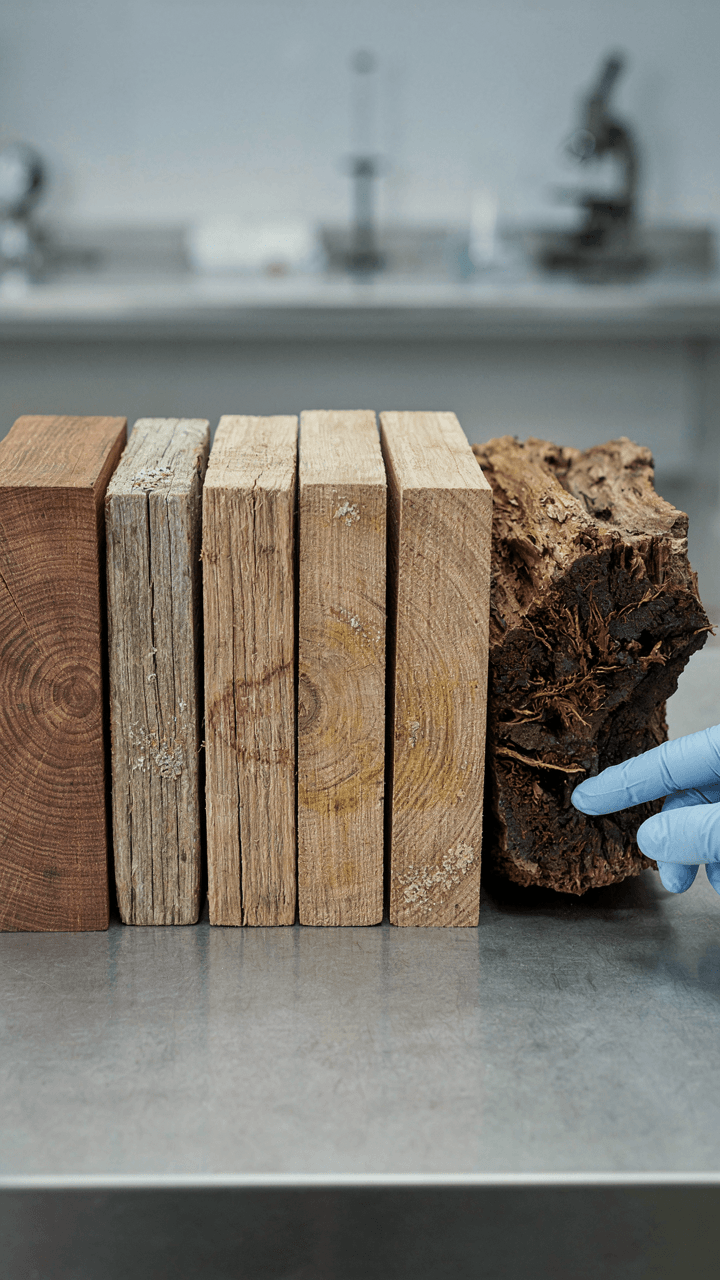 Different types of wood showing various stages of decay and preservation.