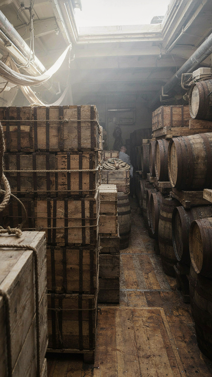 A ship's hold shows neatly stacked crates and barrels.