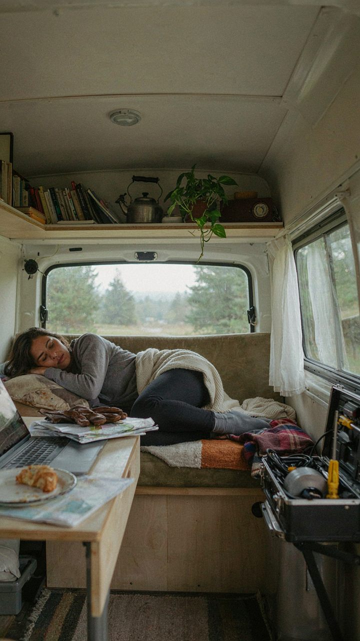 A real van interior, a bit messy but very practical.