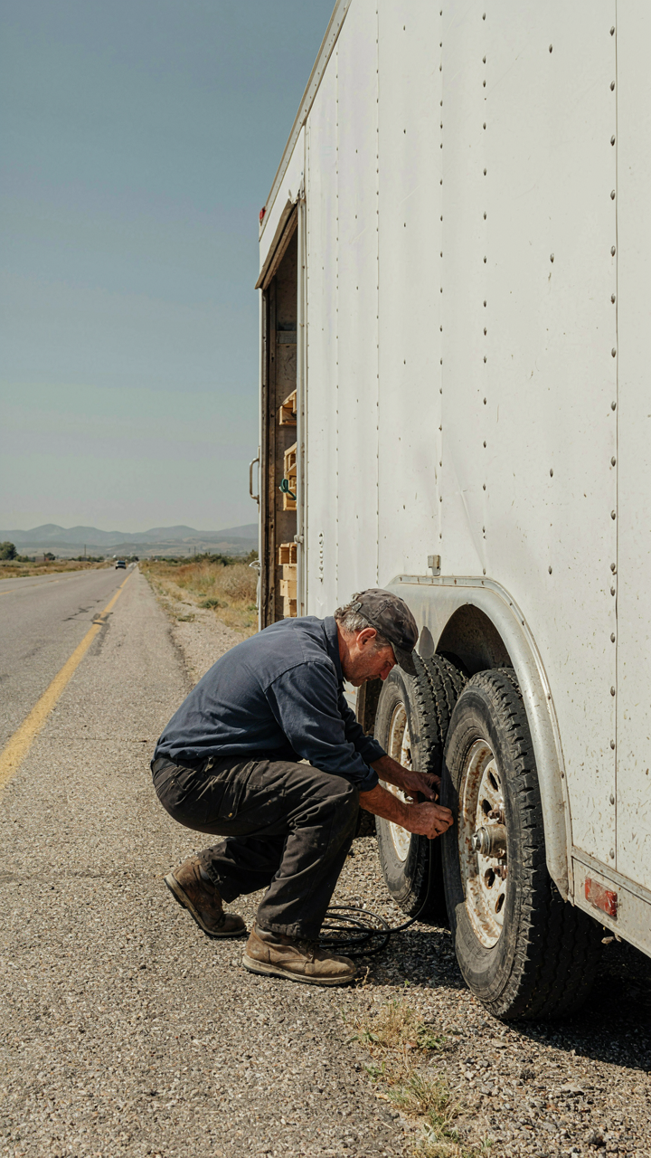 A person checking the tires and axle of a cargo trailer on the road.