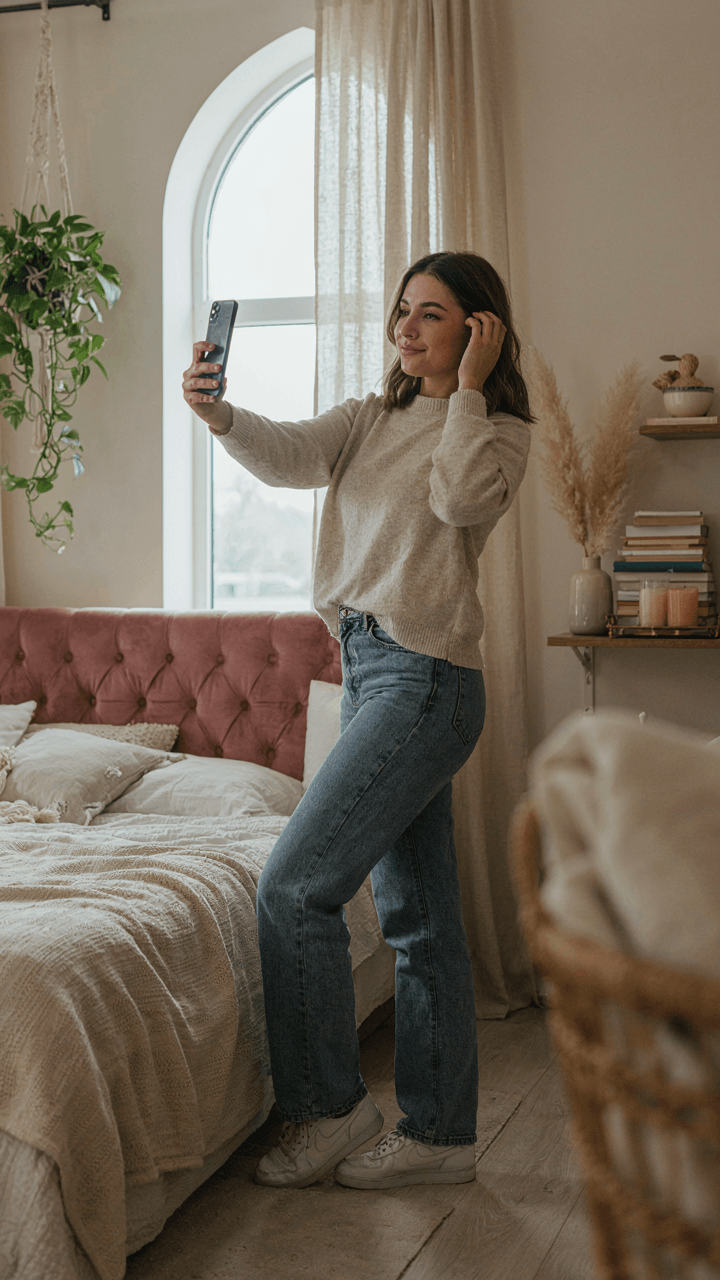 A person takes a selfie in a beautifully decorated room.