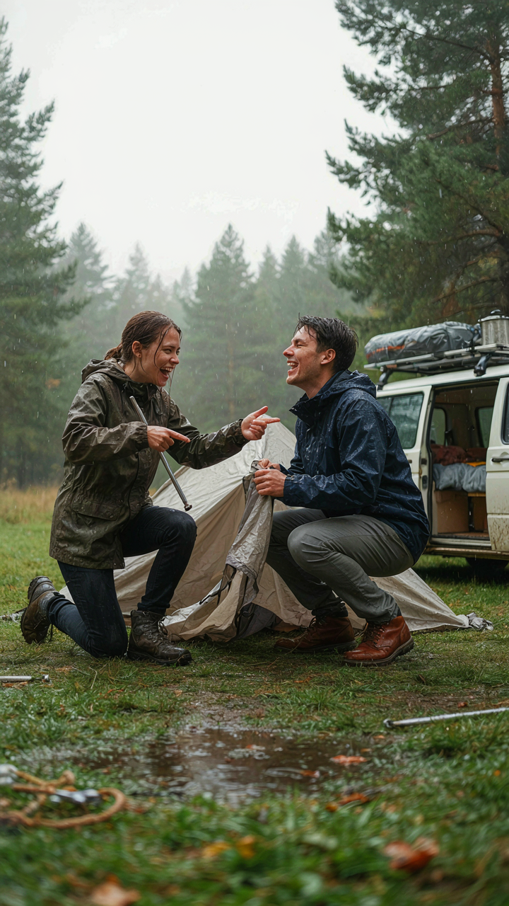A couple bickers good-naturedly while setting up a tent near their tiny camper.