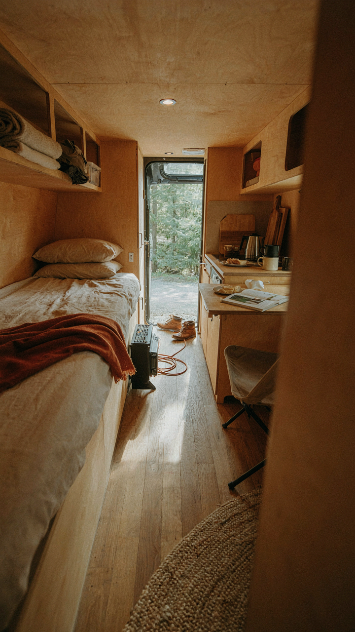 A practical truck camper interior with well-organized, accessible storage.