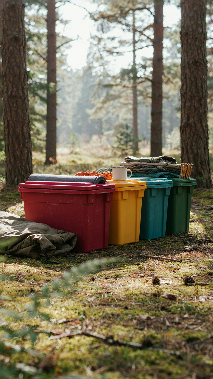 Multiple camping storage bins are color-coded on their lids and sides.