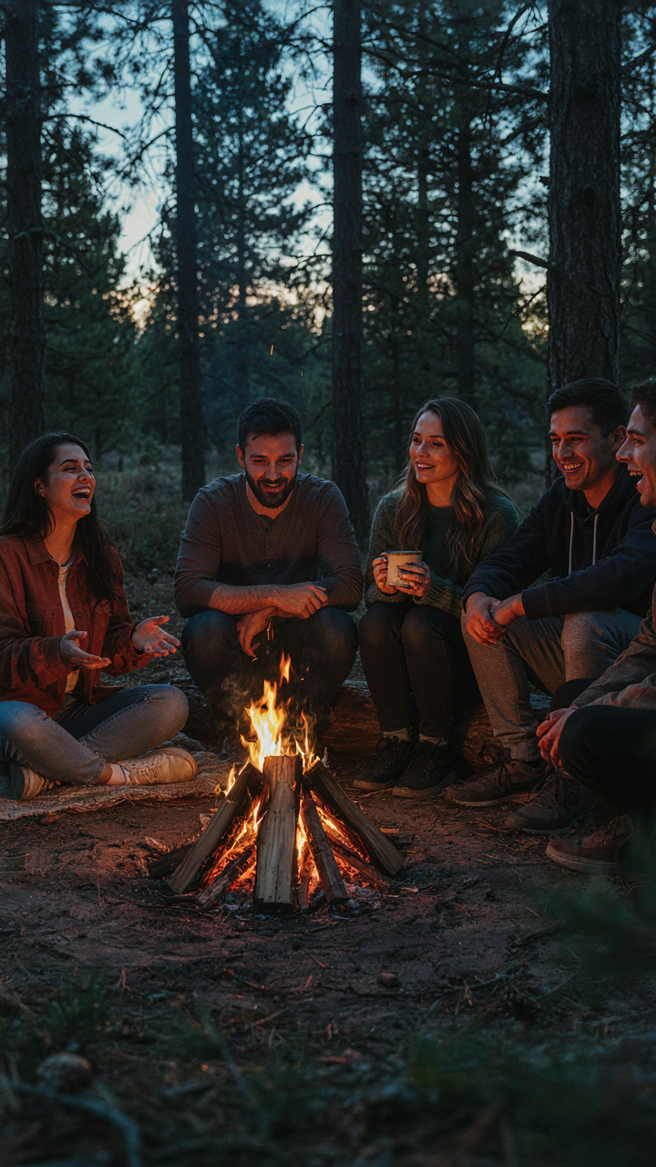Friends laugh around a warm campfire, their faces lit by flames.